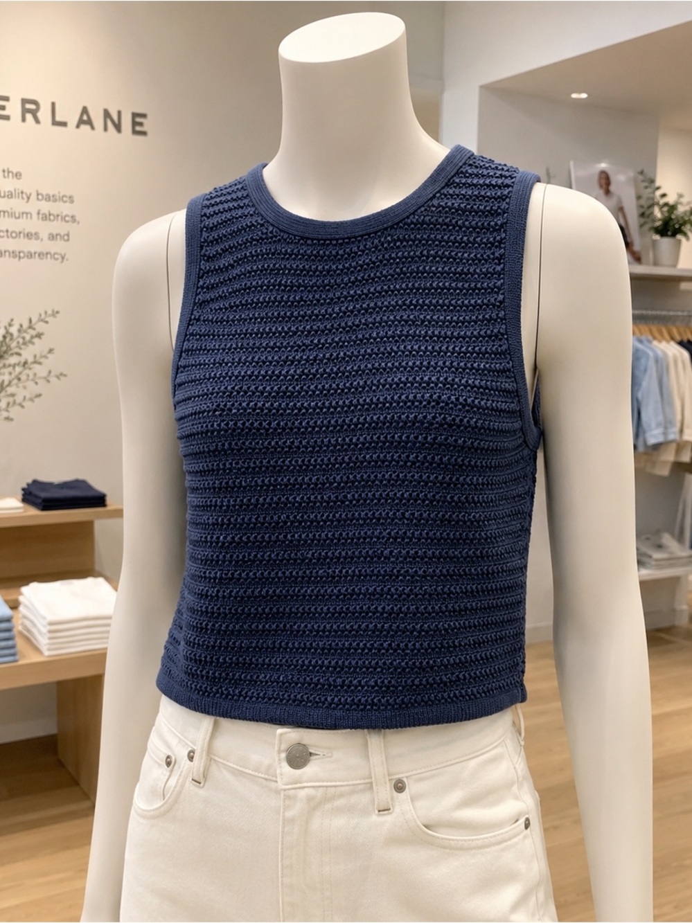 Everlane Organic Cotton Crochet Knit Tank Top Navy Blue Sleeveless Sweater S